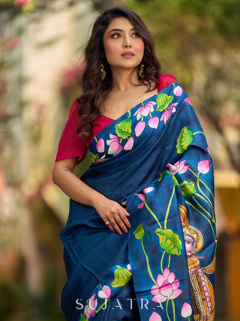 Navy Blue Tussar Silk Saree with Heritage Pichwai Print