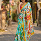 Aqua Blue Tussar Silk Saree with Statement Kalamkari Print