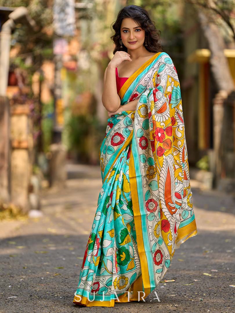 Aqua Blue Tussar Silk Saree with Statement Kalamkari Print