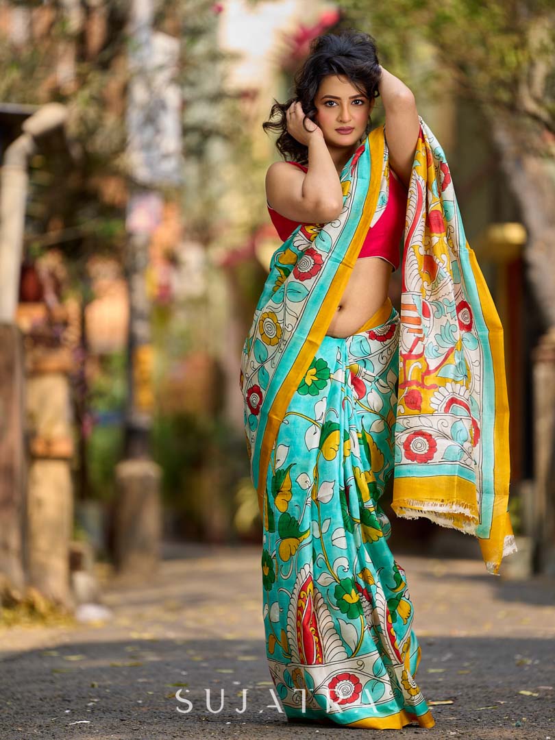 Aqua Blue Tussar Silk Saree with Statement Kalamkari Print
