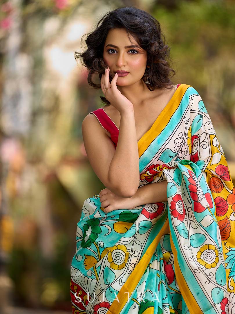 Aqua Blue Tussar Silk Saree with Statement Kalamkari Print