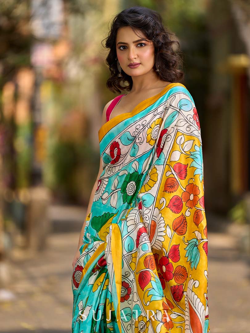 Aqua Blue Tussar Silk Saree with Statement Kalamkari Print