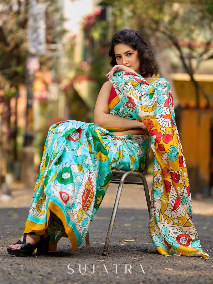 Aqua Blue Tussar Silk Saree with Statement Kalamkari Print