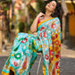 Aqua Blue Tussar Silk Saree with Statement Kalamkari Print