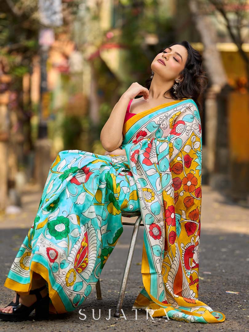 Aqua Blue Tussar Silk Saree with Statement Kalamkari Print