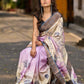 Dusty Lavender Tussar Silk Saree with Elegant Floral Print & Zari Border