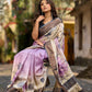 Dusty Lavender Tussar Silk Saree with Elegant Floral Print & Zari Border
