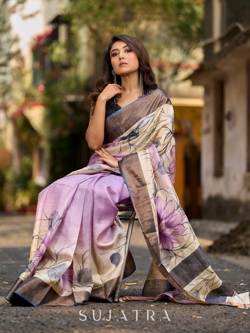 Dusty Lavender Tussar Silk Saree with Elegant Floral Print & Zari Border