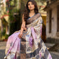 Dusty Lavender Tussar Silk Saree with Elegant Floral Print & Zari Border