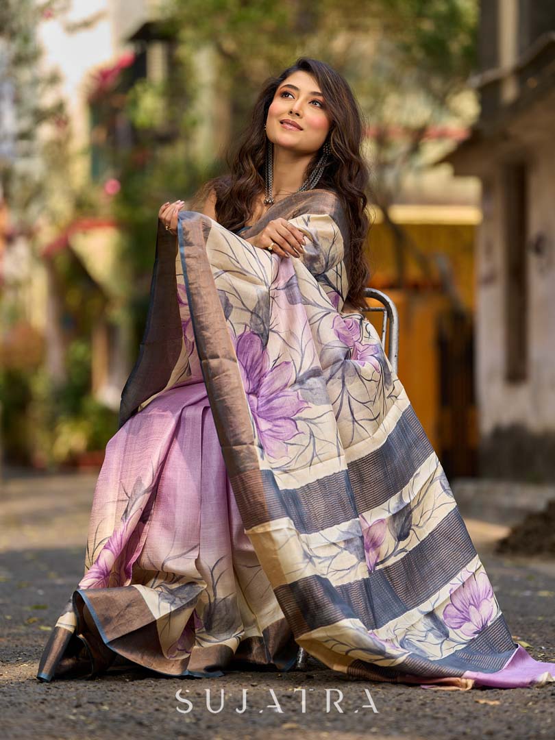 Dusty Lavender Tussar Silk Saree with Elegant Floral Print & Zari Border