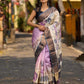 Dusty Lavender Tussar Silk Saree with Elegant Floral Print & Zari Border
