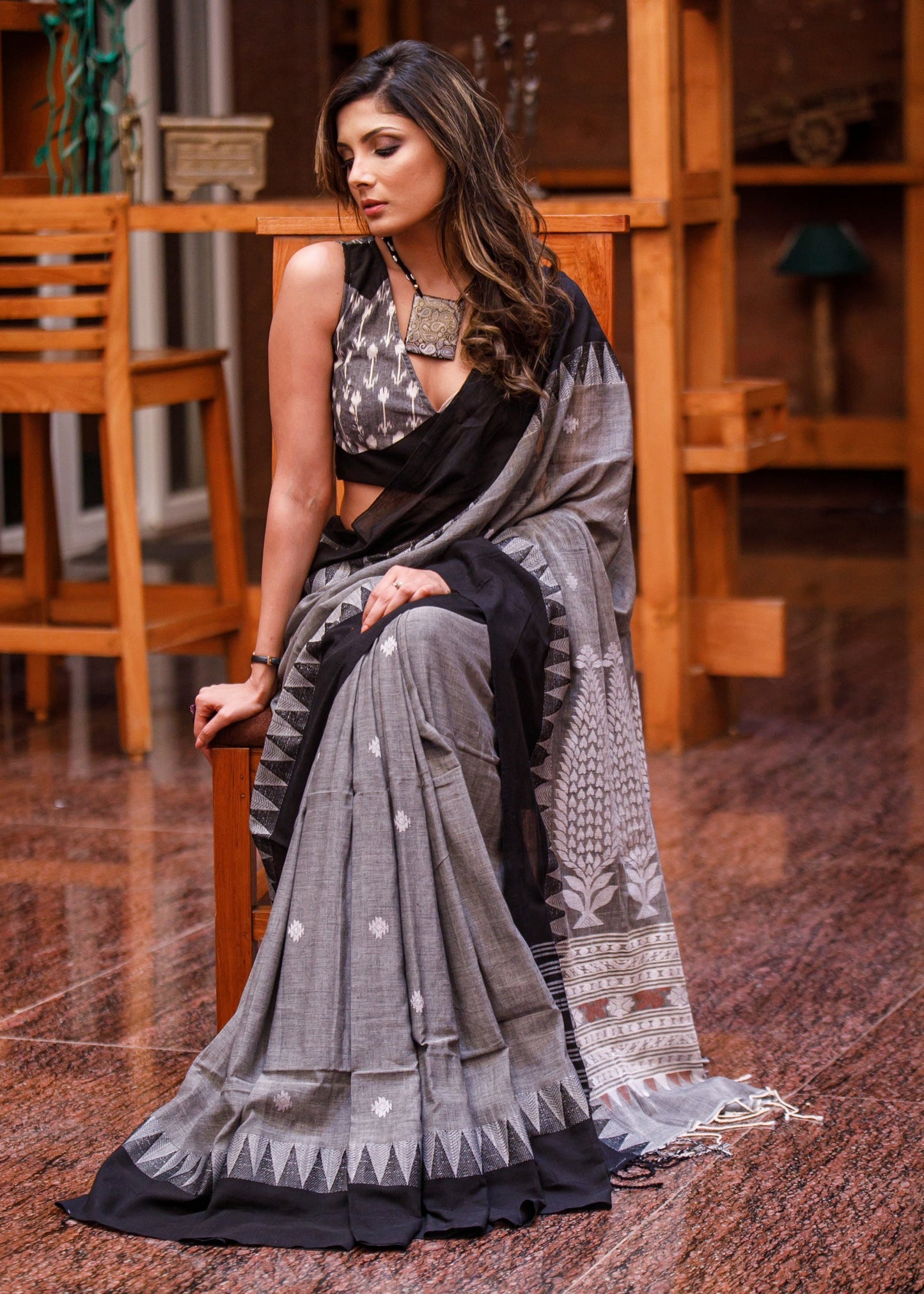 Pure grey mercerised cotton bengal handloom saree