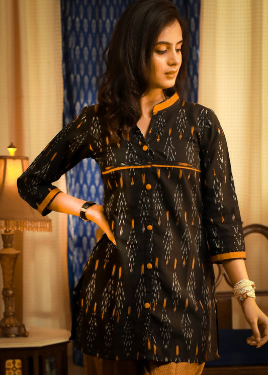 Classy black ikat print Multi occasion pure cotton top wear