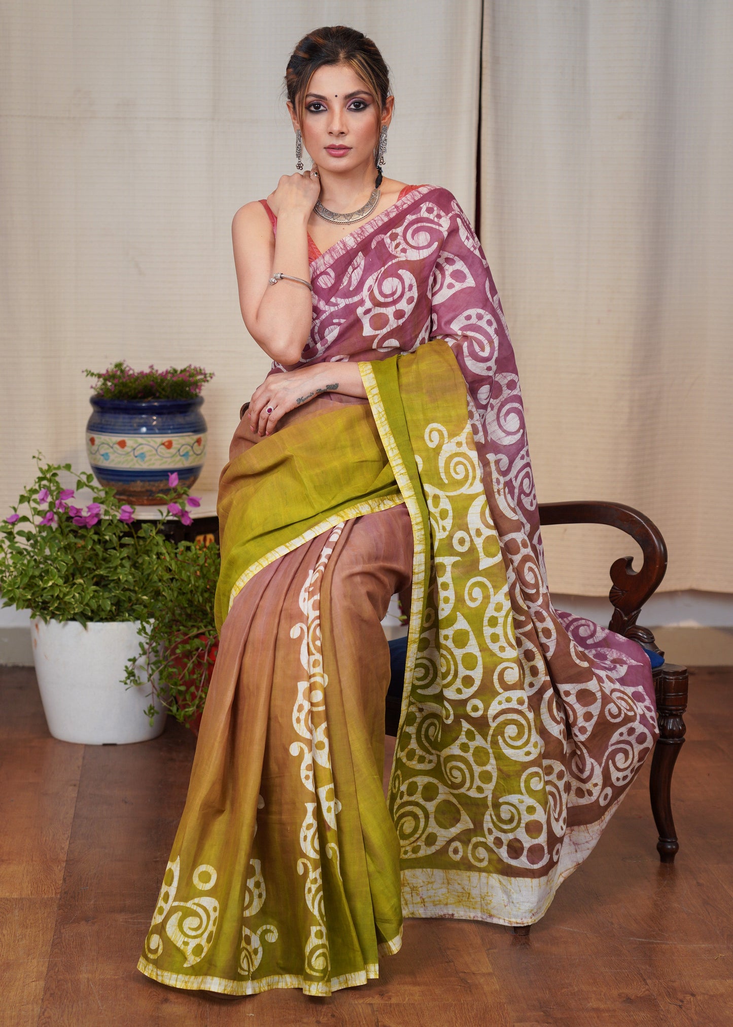 Pink & Green dyed exclusive hand Batik cotton saree