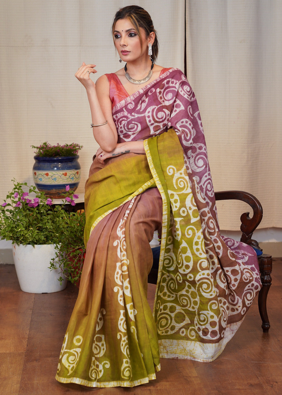 Pink & Green dyed exclusive hand Batik cotton saree