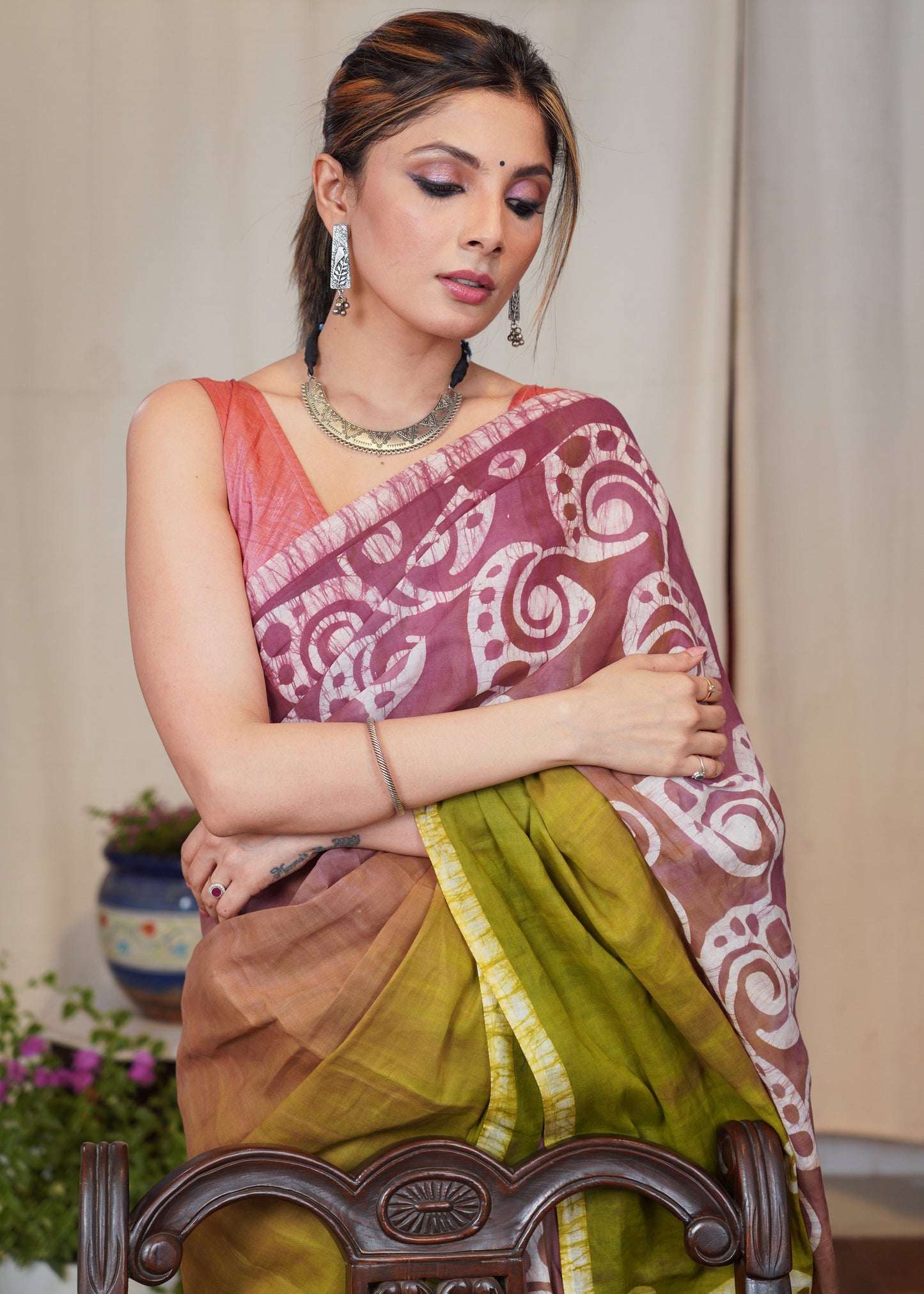 Pink & Green dyed exclusive hand Batik cotton saree