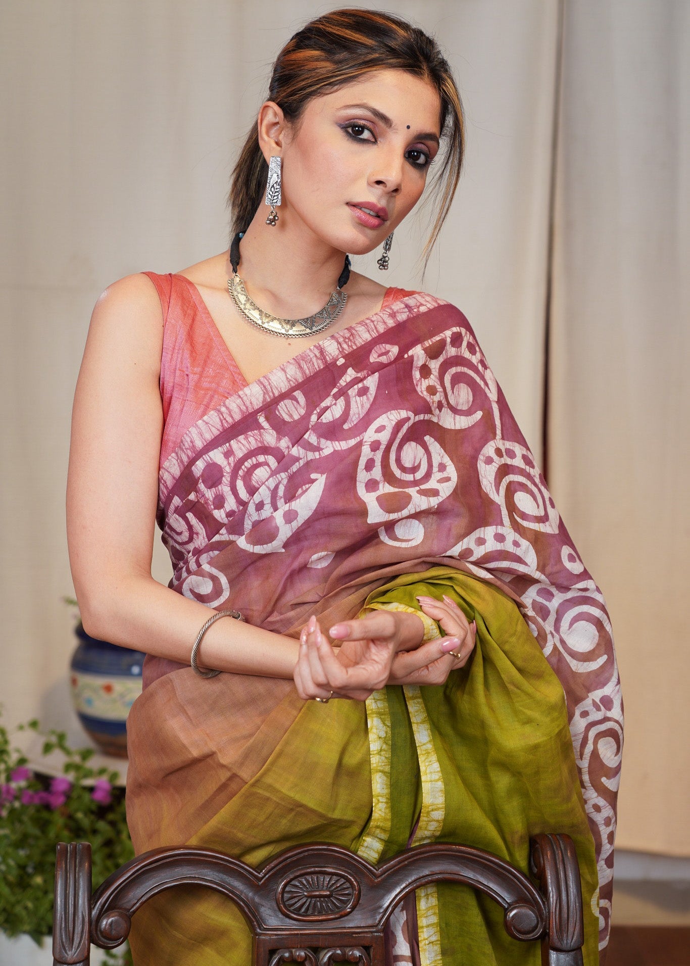 Pink & Green dyed exclusive hand Batik cotton saree