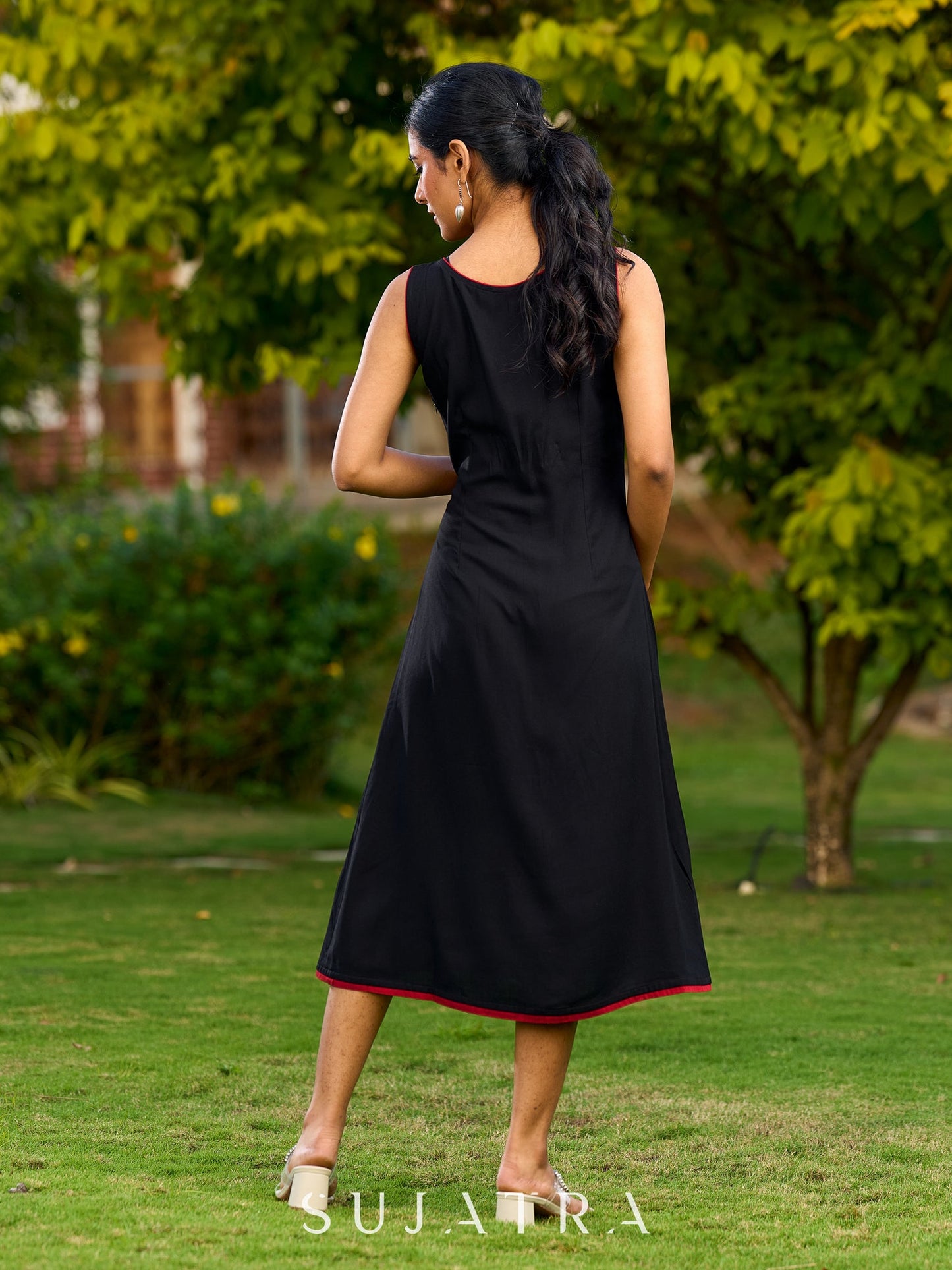 Handcrafted Black Rayon Dress Adorned with Traditional Warli Painting - Jacket Optional