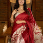 Artisanal crimson silk saree featuring heritage batik floral designs