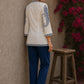 Elegant ivory hand block print top featuring intricate navy blue paisley sleeves, refined contrast detailing, and graceful pintucks, blending artisanal craftsmanship with timeless everyday sophistication.