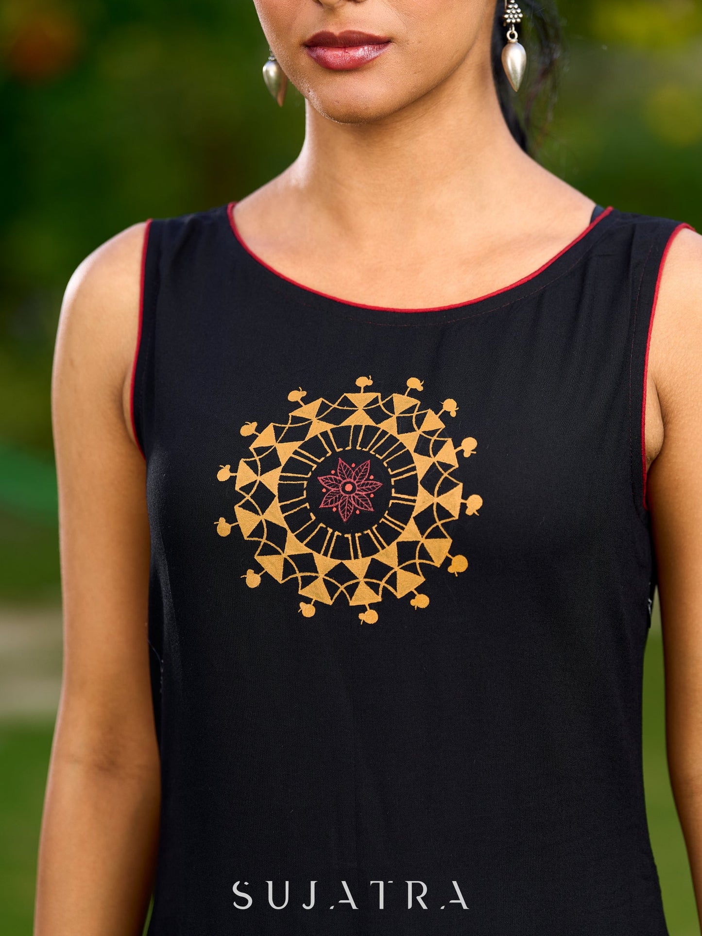 Handcrafted Black Rayon Dress Adorned with Traditional Warli Painting - Jacket Optional