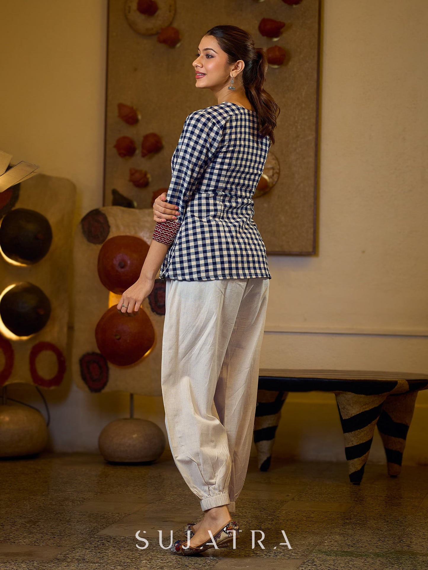 Classic Checkered Cotton Gathered Top Featuring A Contrasting Maroon Embroidered Yoke And Sleeves