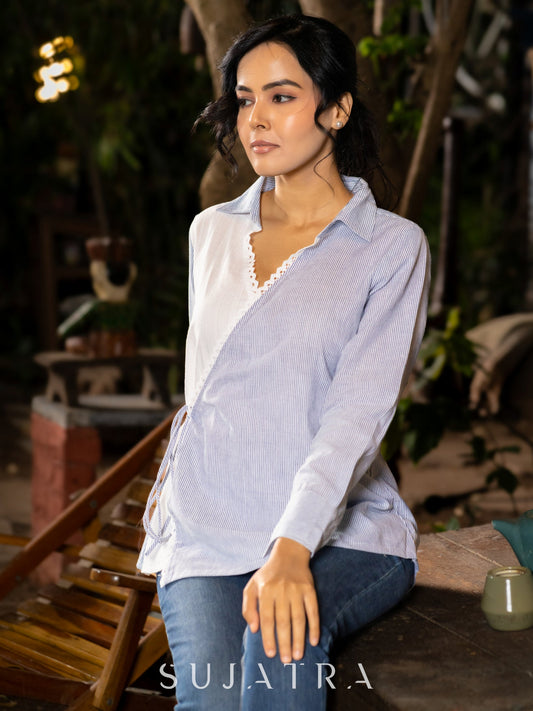 Off-White and Blue Striped Wrap Shirt in Breezy Cotton