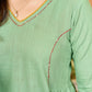 Green Artisan Cotton Top with Contrast Mustard Floral Printed Sleeves and Delicate Embellishments and Hand Embroidered Kantha