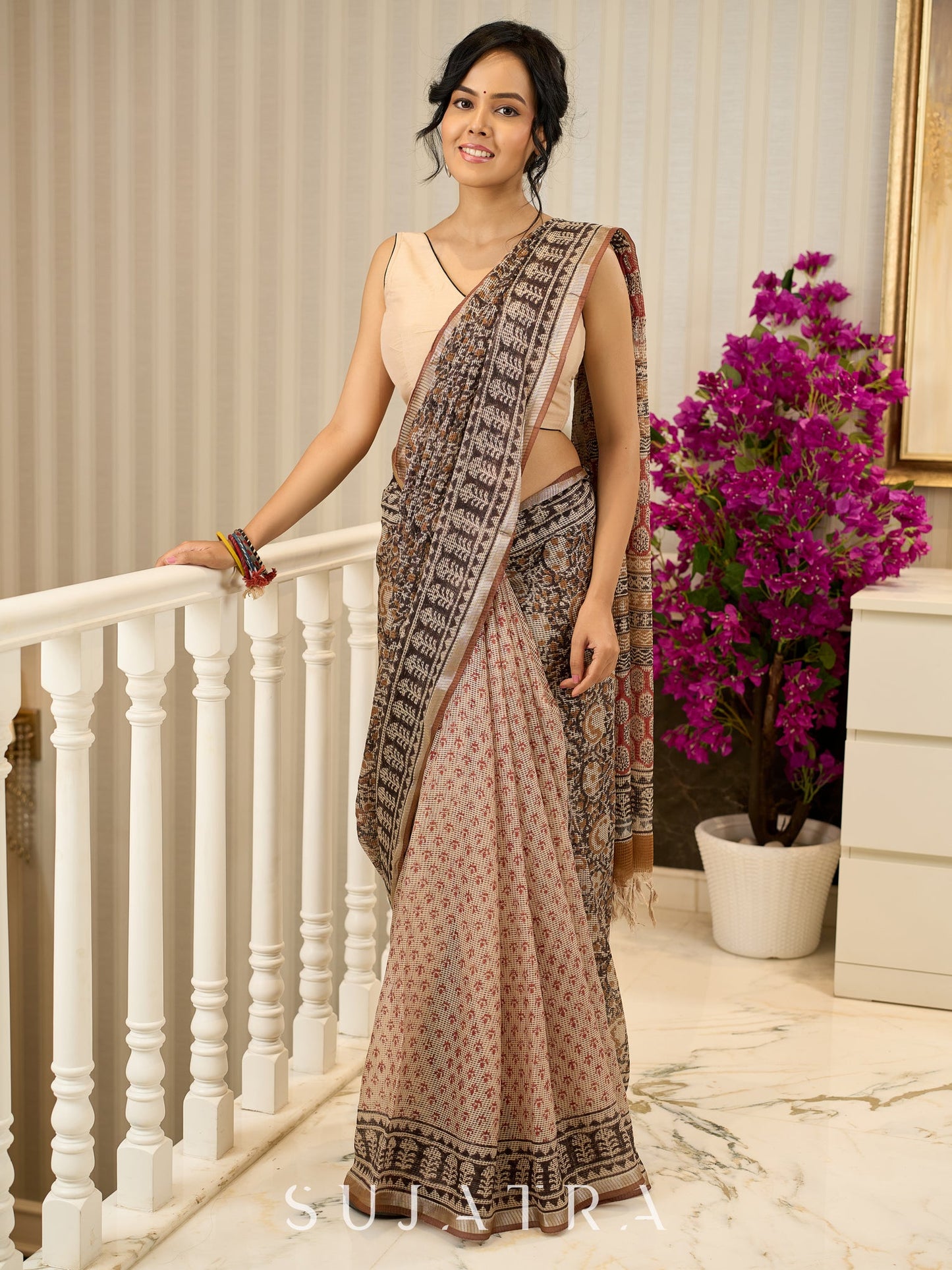 Rustic charm woven in earthy tones—hand block printed kota saree