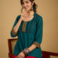 Stylish dark green cotton top with pleats,mirror,and pearl work - Skirt optional