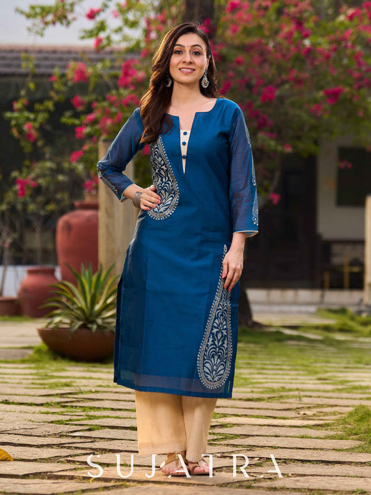 Elegant Navy Blue Chanderi Hand Block Printed Kurta with Intricate Motifs