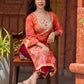 Elegant orange floral printed kurta with hand-embroidered sequin and cut dana detailing on the yoke and rich maroon accents.