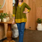 Earthcrafted Olive Mustard Top with Kantha Stitches and Cowrie Shell Highlights