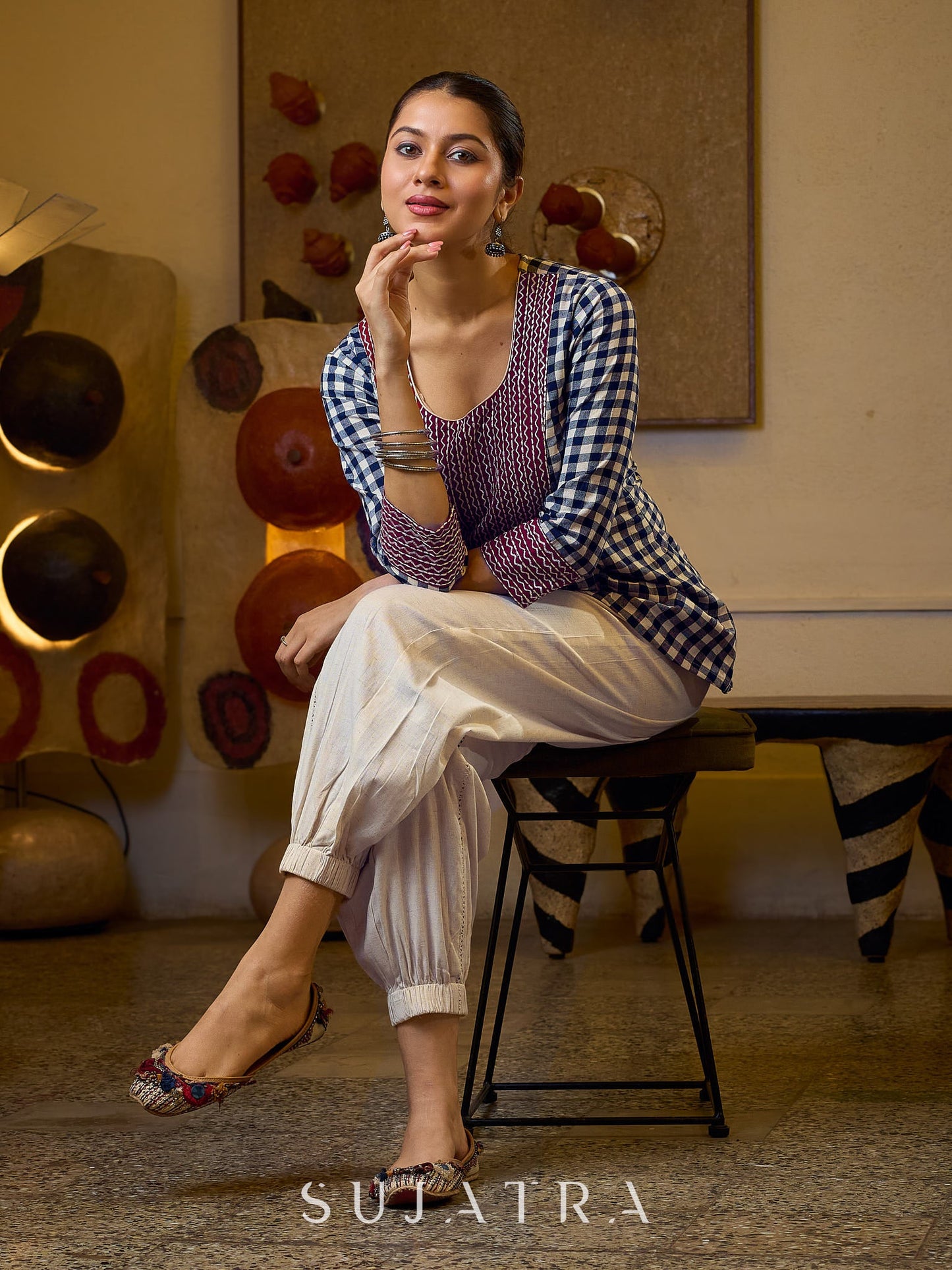 Classic Checkered Cotton Gathered Top Featuring A Contrasting Maroon Embroidered Yoke And Sleeves