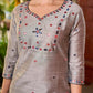 Refined Grey Cotton Silk Kurta with Intricate Contrasting Mirror Work