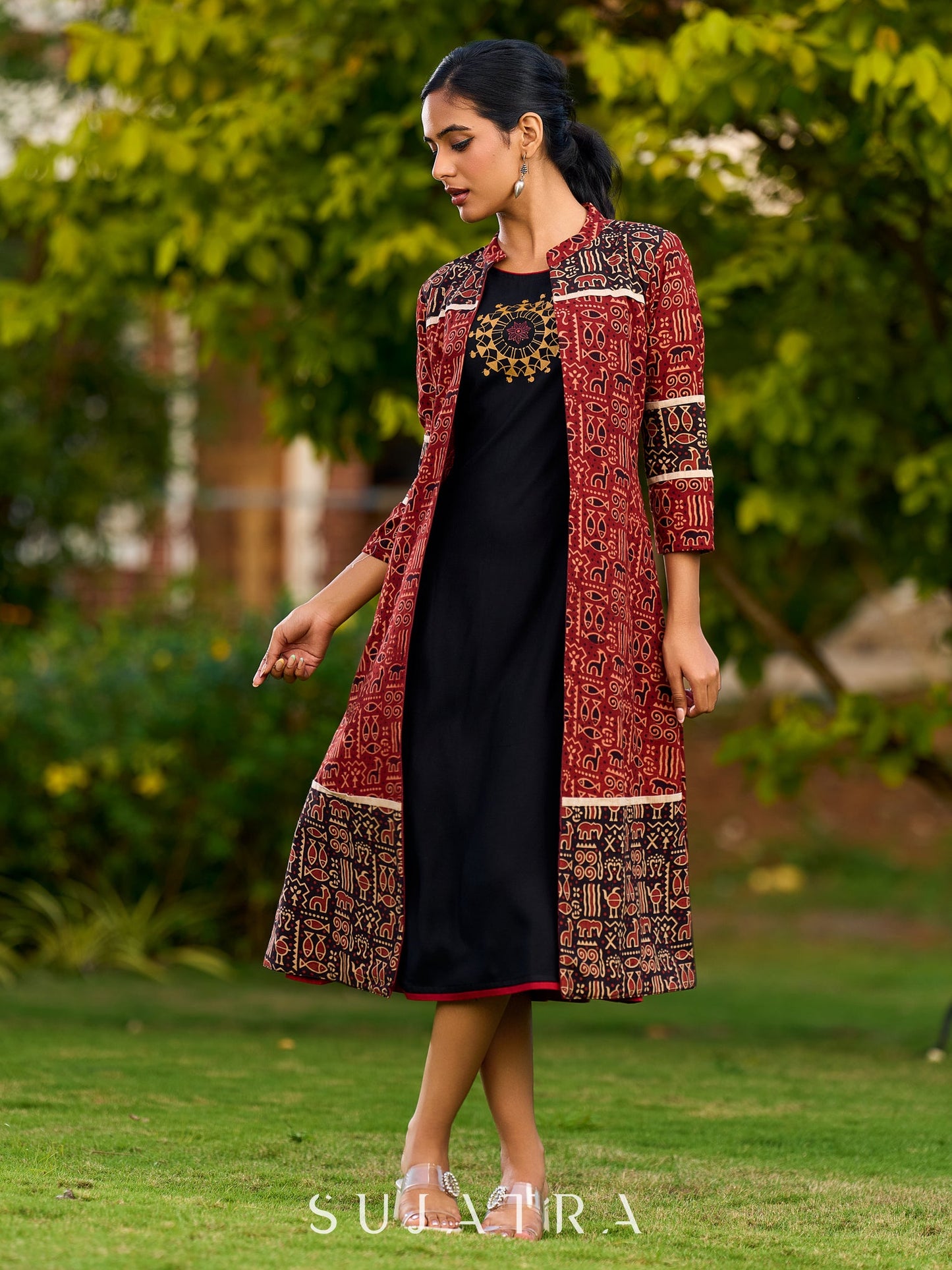Handcrafted Black Rayon Dress Adorned with Traditional Warli Painting - Jacket Optional