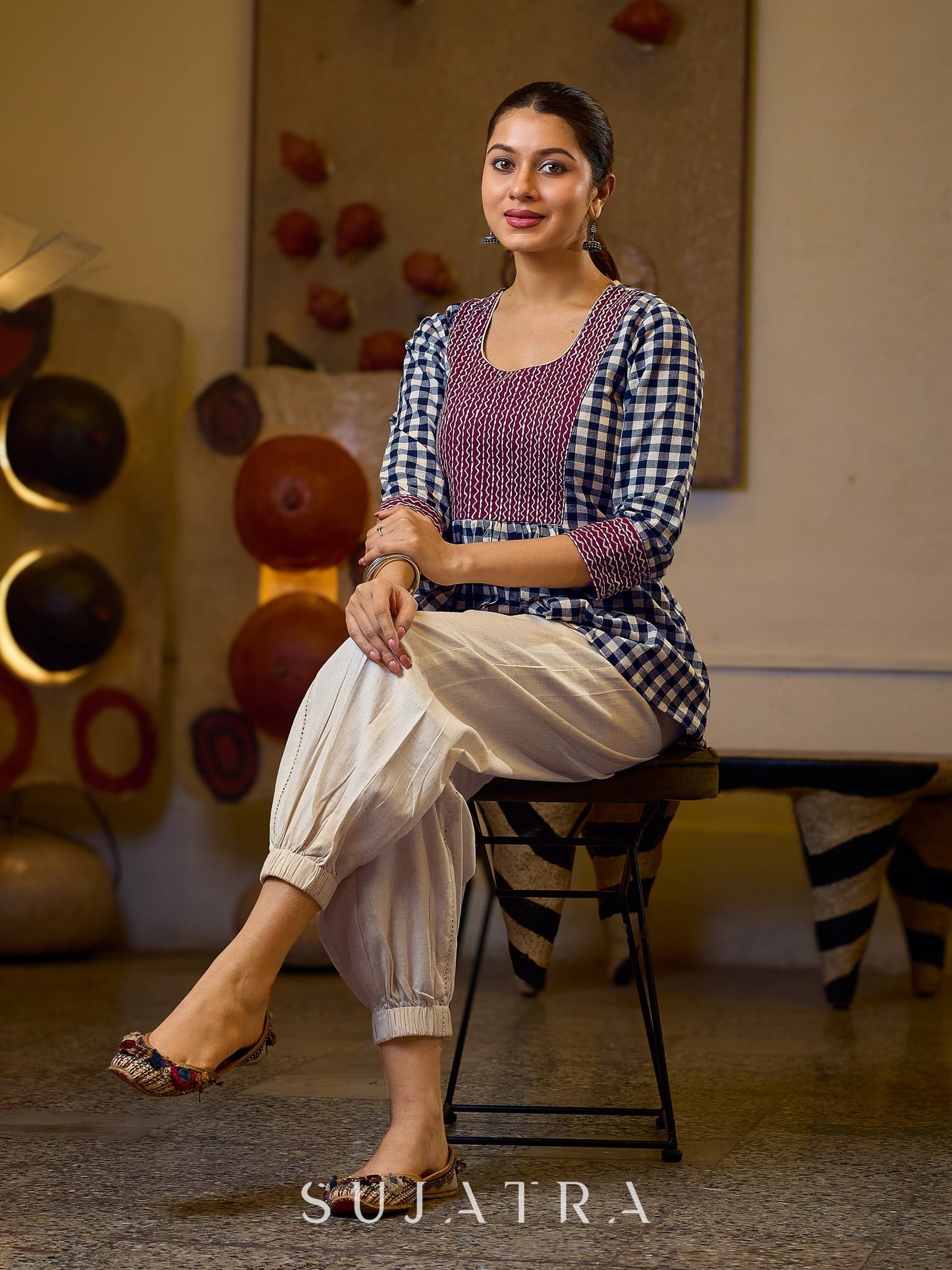 Classic Checkered Cotton Gathered Top Featuring A Contrasting Maroon Embroidered Yoke And Sleeves