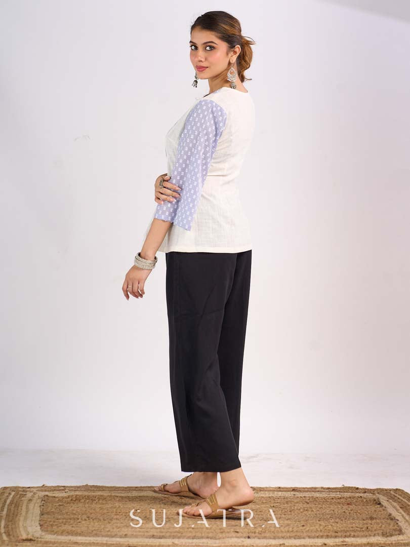 Powder Blue Dobby Cotton Contemporary Top with Soft Gathered Waist