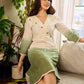 Serene ivory and sage green ombré overlap hakoba dress with olive button accents.
