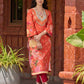 Elegant orange floral printed kurta with hand-embroidered sequin and cut dana detailing on the yoke and rich maroon accents.