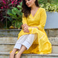 Lemon yellow pleated kurta accented with delicate lace detailing-pant optional
