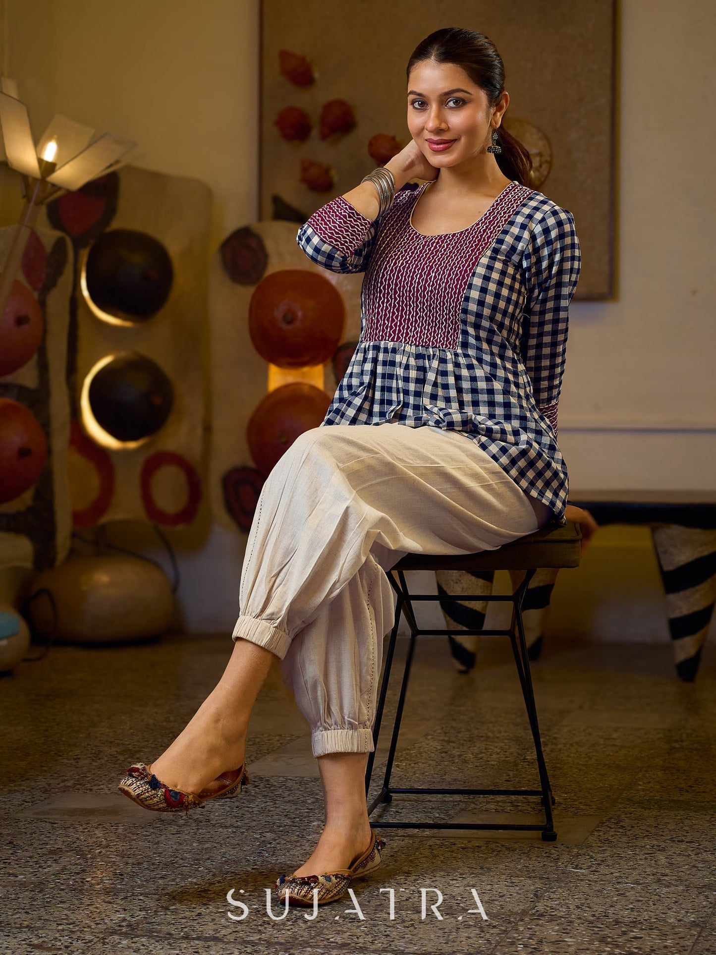 Classic Checkered Cotton Gathered Top Featuring A Contrasting Maroon Embroidered Yoke And Sleeves