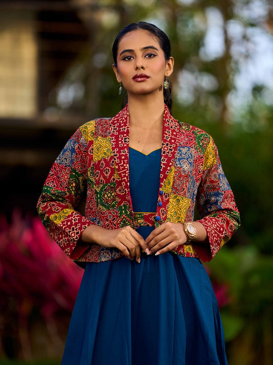 Chic Ajrakh Patchwork Open Front Cotton Jacket
