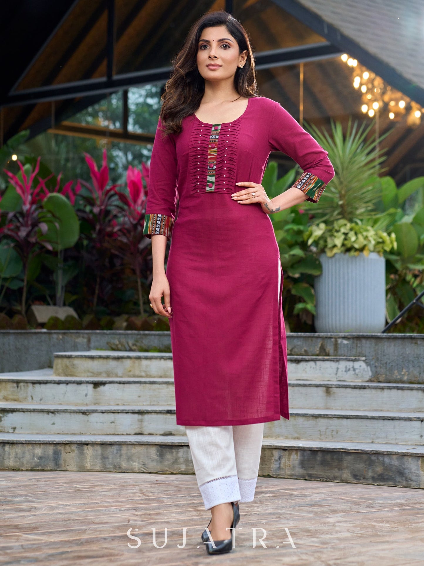 Magenta cotton kurta with Ikkat blend and inverted tuck detailing - ikkat pant optional