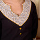 Timeless Black Cotton Kurta with White Floral Hand Block Printed Yoke, Cuffs & Hem with Contrast Button Detail