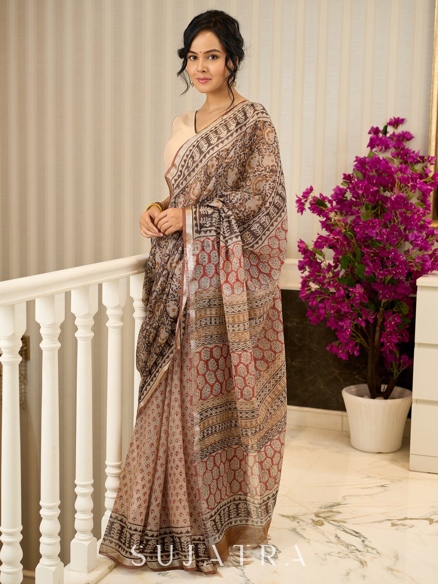 Rustic charm woven in earthy tones—hand block printed kota saree