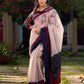 Beige Chanderi Saree With Ajrakh Accents And Vibrant Borders and Delicate Hand Painting