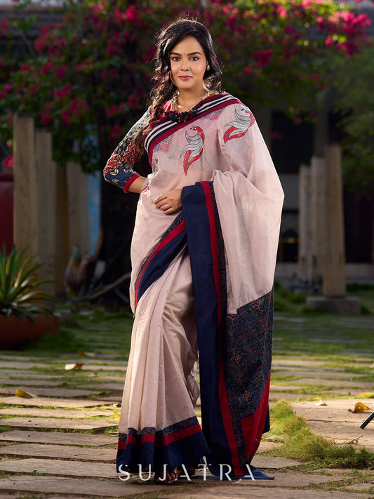 Beige Chanderi Saree With Ajrakh Accents And Vibrant Borders and Delicate Hand Painting