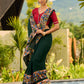 Classic Bottle Green Georgette Saree with Kalamkari Border Detailing & Ajrakh Highlight