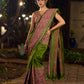 Mehendi Green-Pink Mughal Floral Hand Block Print Cotton Saree